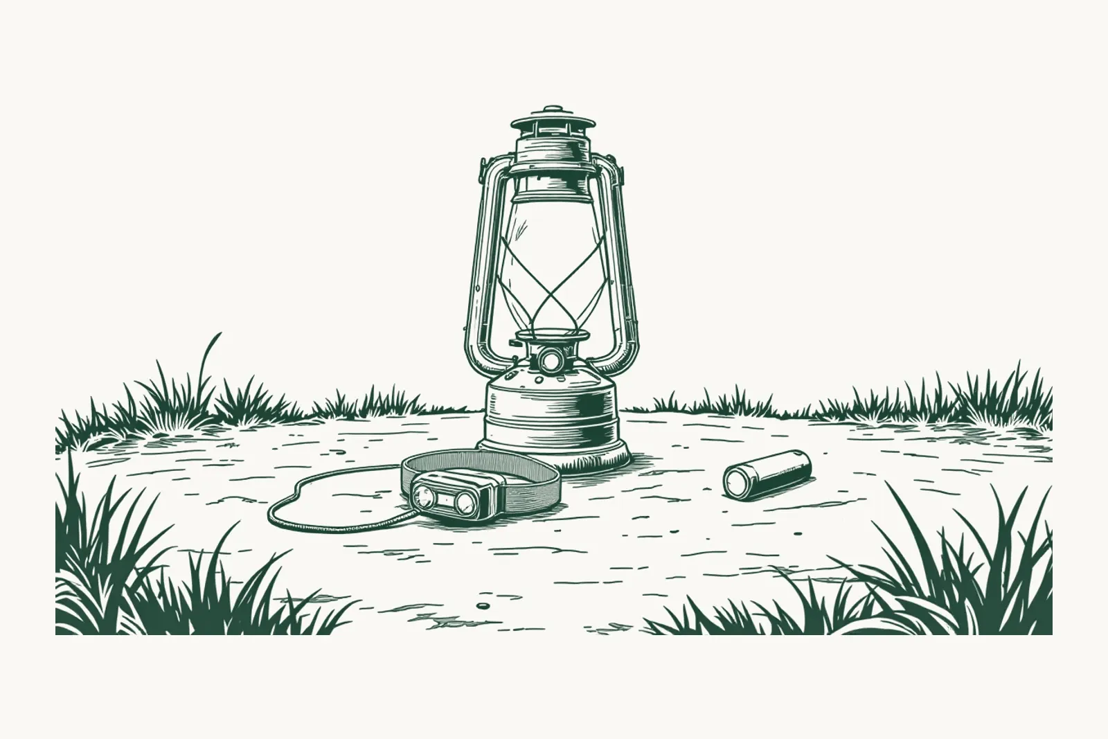 A camping lantern standing upright, a head torch lying beside it and a spare battery.