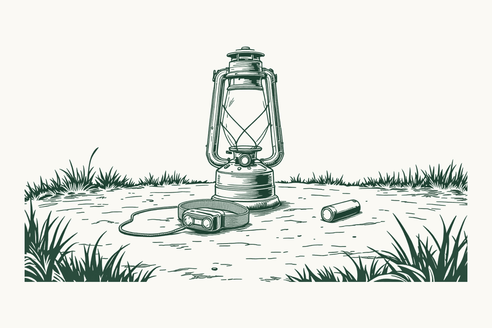 A camping lantern standing upright, a head torch lying beside it and a spare battery.