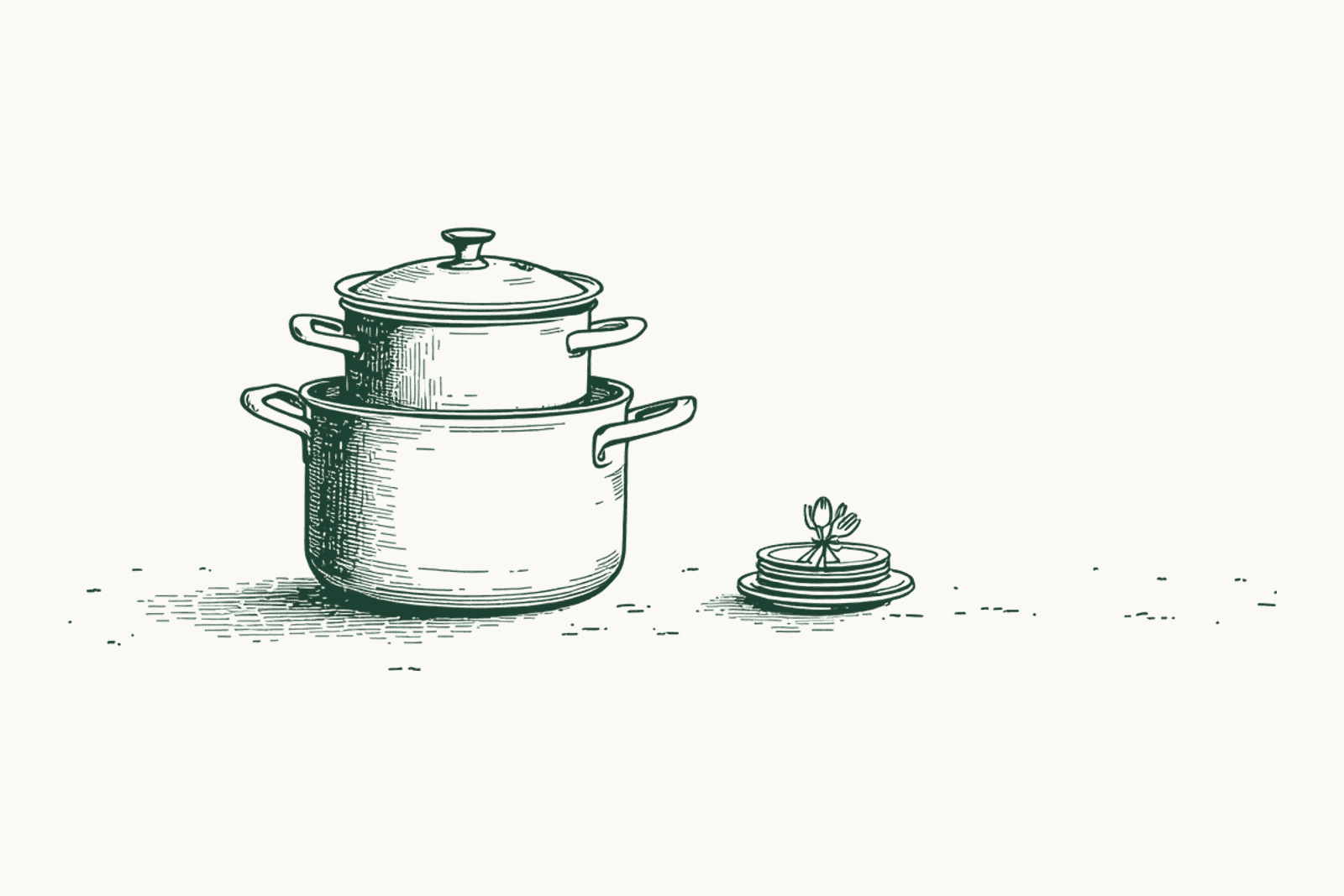 Deux casseroles emboîtées sous un couvercle, une pile d’assiettes et des couverts liés par une ficelle posés au sol.