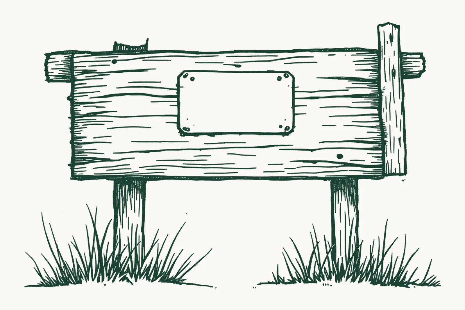 A wooden campsite entrance board on two posts, with a blank enamel plaque fixed below it.
