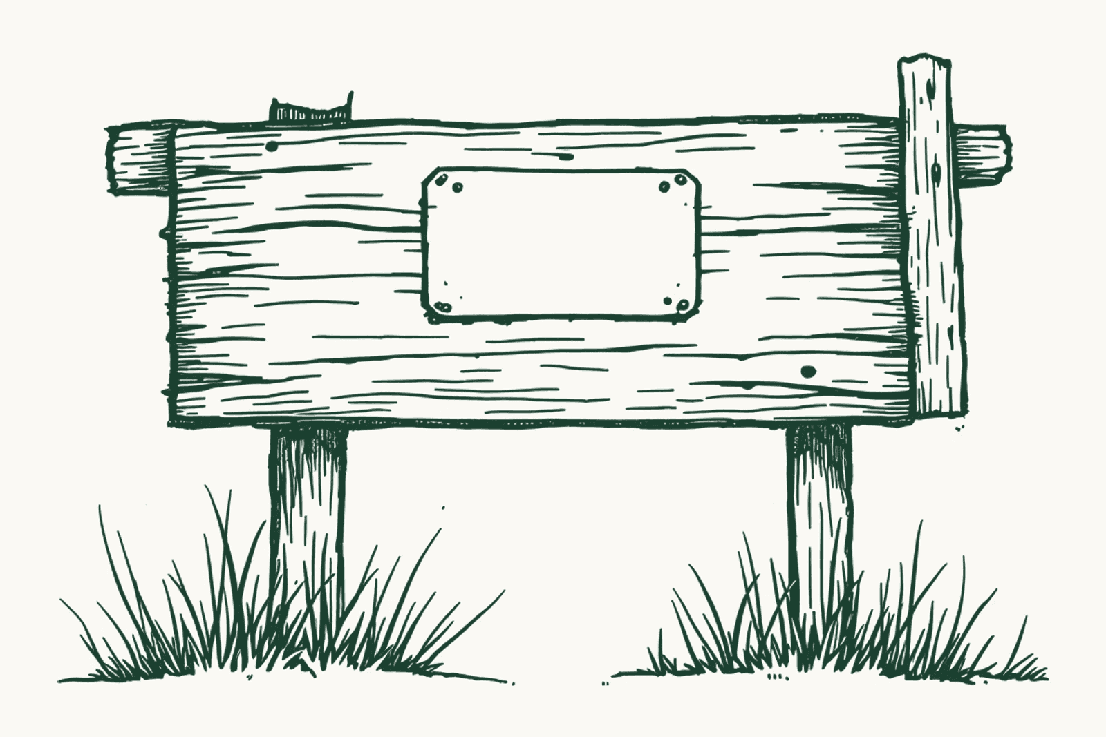 A wooden campsite entrance board on two posts, with a blank enamel plaque fixed below it.