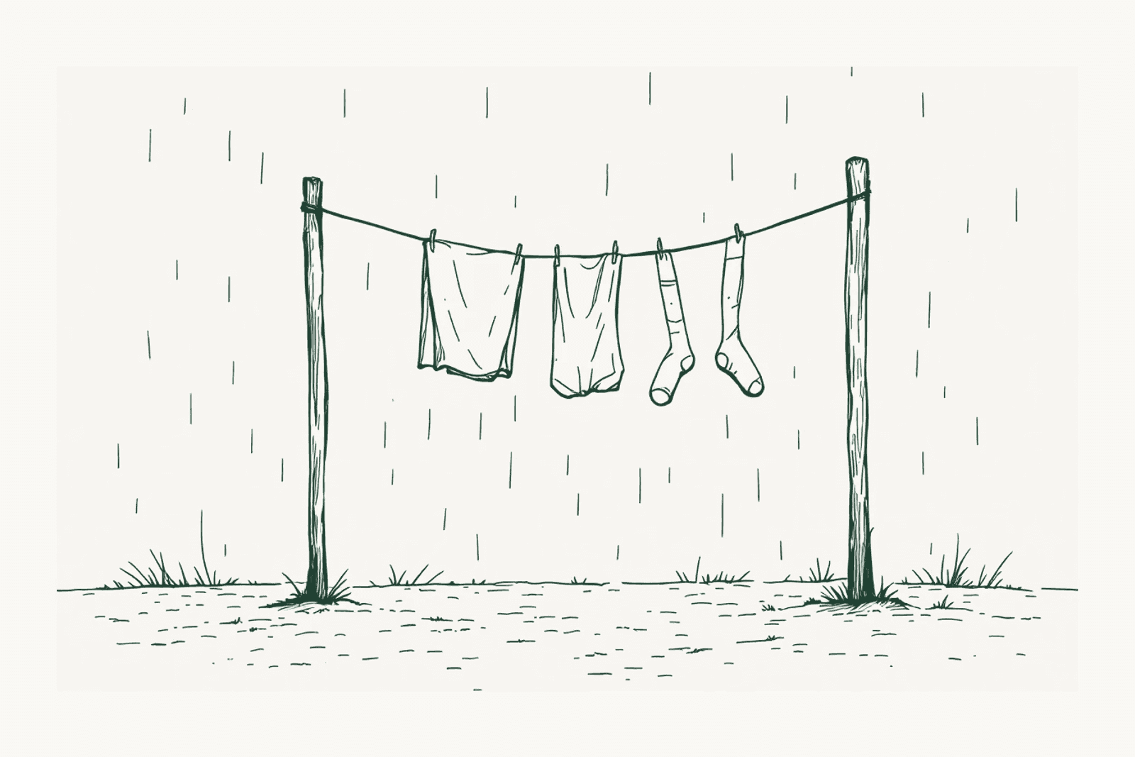 Une corde à linge tendue entre deux piquets, deux serviettes et une paire de chaussettes sous la pluie.