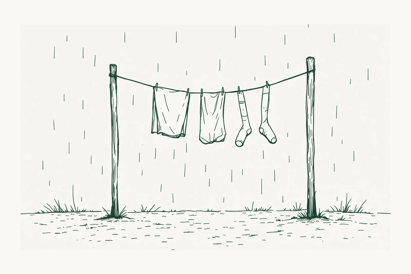 A washing line strung between two poles, two towels and a pair of socks hanging in the rain.