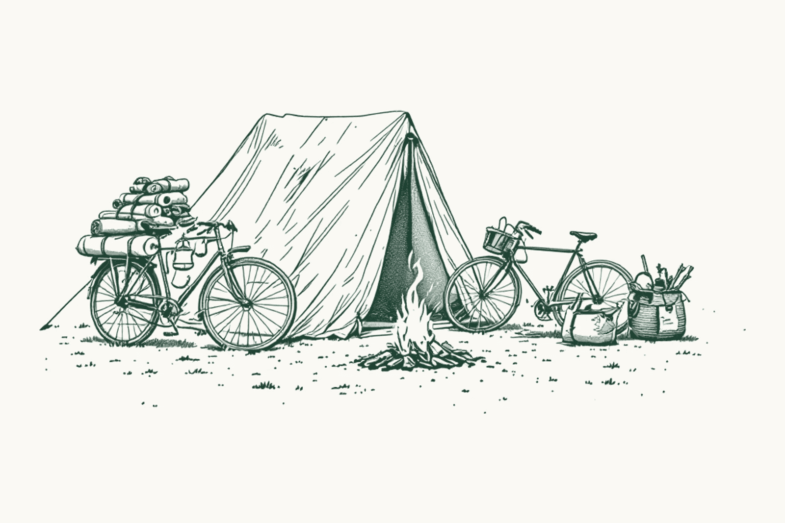 An old canvas ridge tent beside a loaded vintage touring bicycle, a kettle over a small fire.