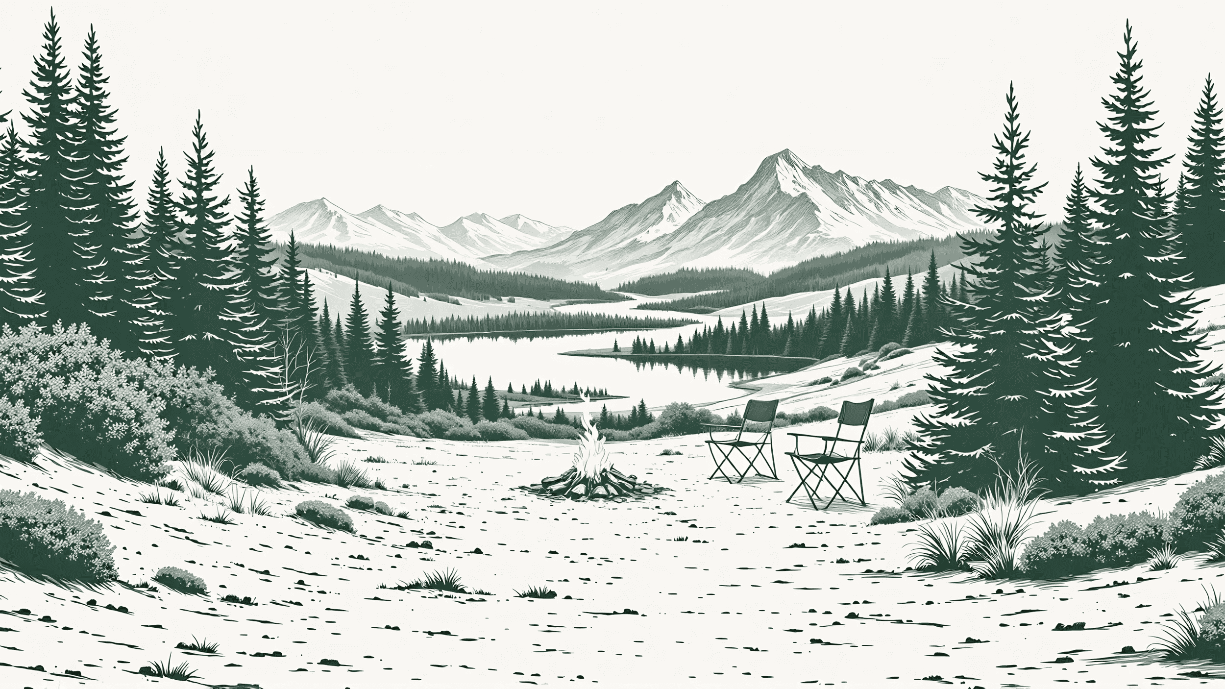 A lake and a pine forest below mountains, with a campfire and two folding chairs in the foreground.