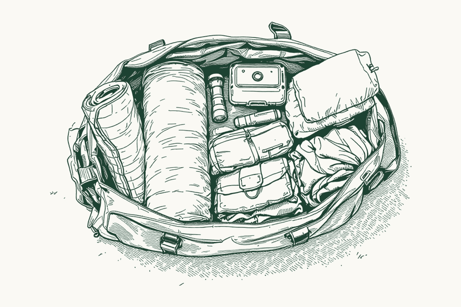 An open holdall seen from above, packed: a rolled mat, a sleeping bag, a torch, a small case and folded clothes.
