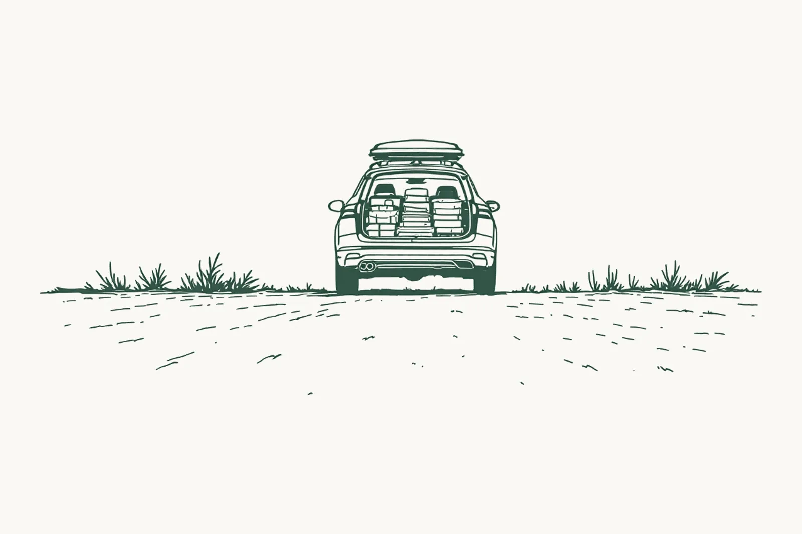 An estate car from behind, tailgate open and the boot packed in layers, a closed roof box above.