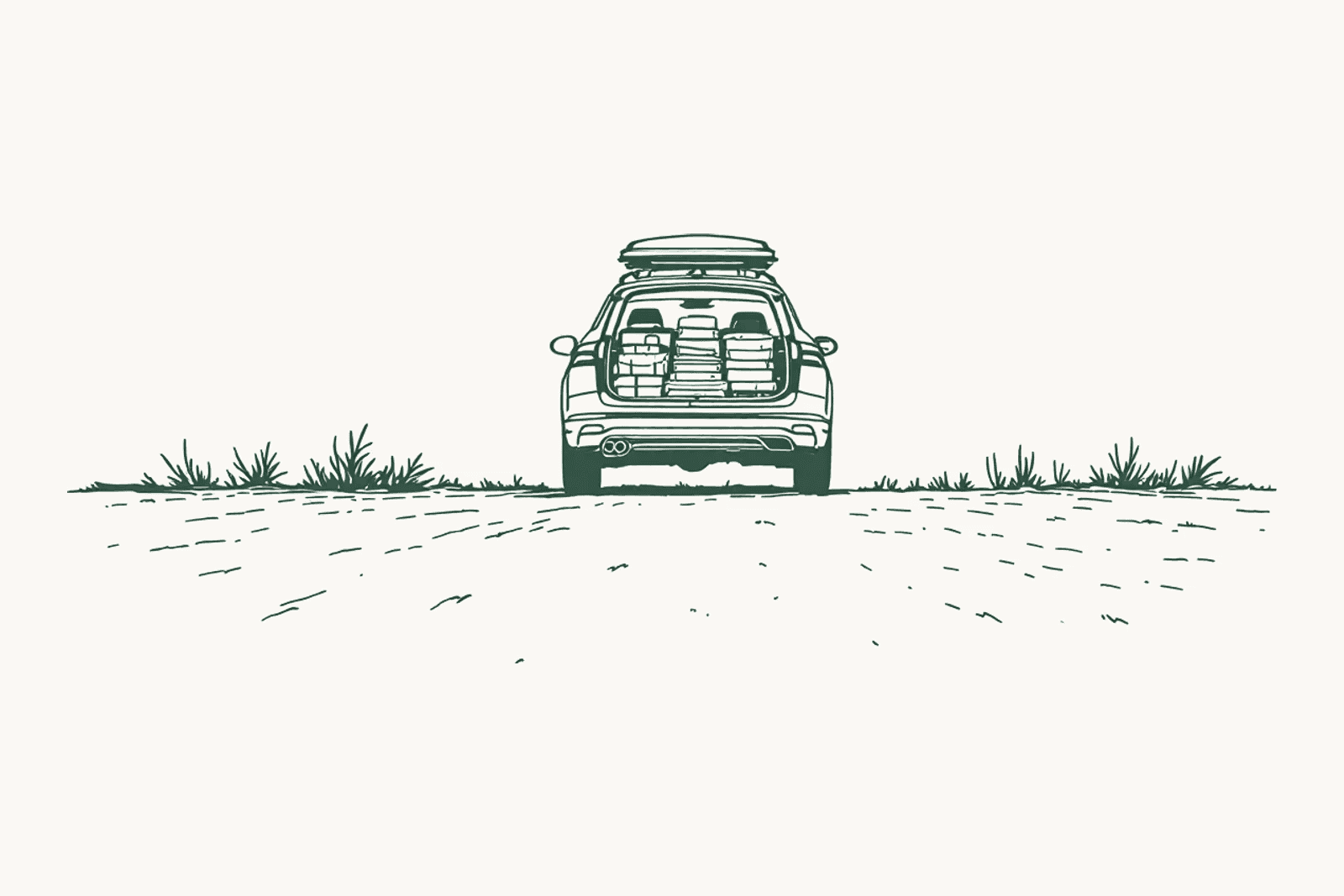 An estate car from behind, tailgate open and the boot packed in layers, a closed roof box above.