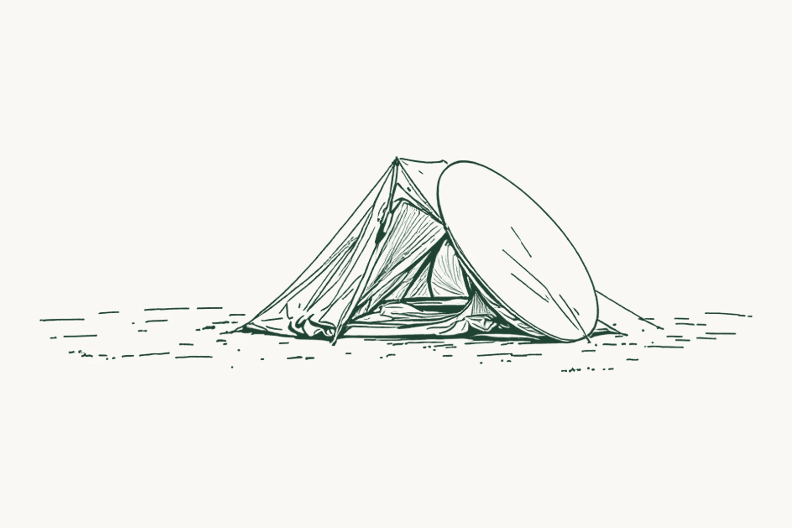 A pop-up tent standing open, its large flat circular carry bag propped against it.