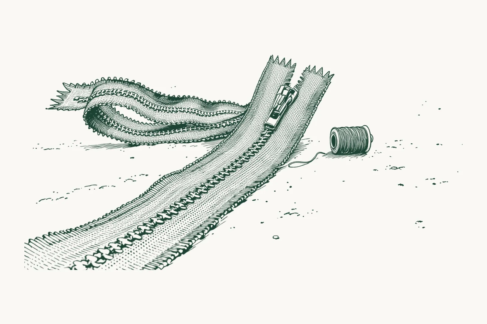 A zip seen close up, its slider stopped halfway along the teeth, a reel of thread beside it.