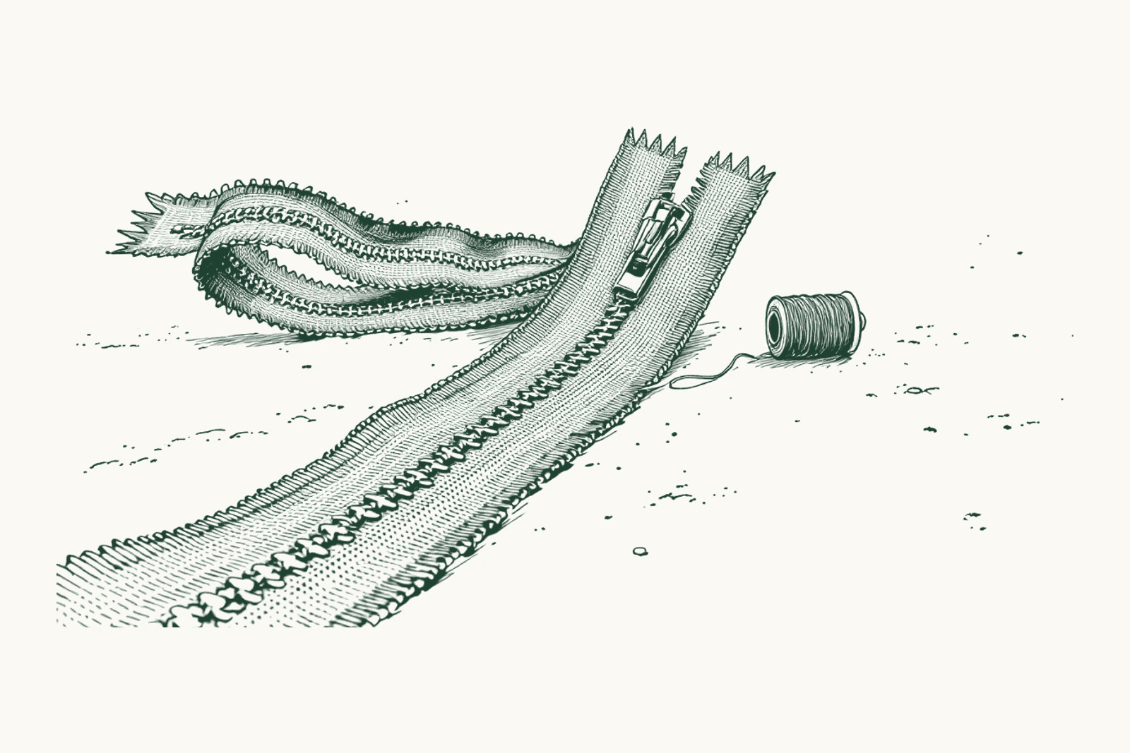 A zip seen close up, its slider stopped halfway along the teeth, a reel of thread beside it.