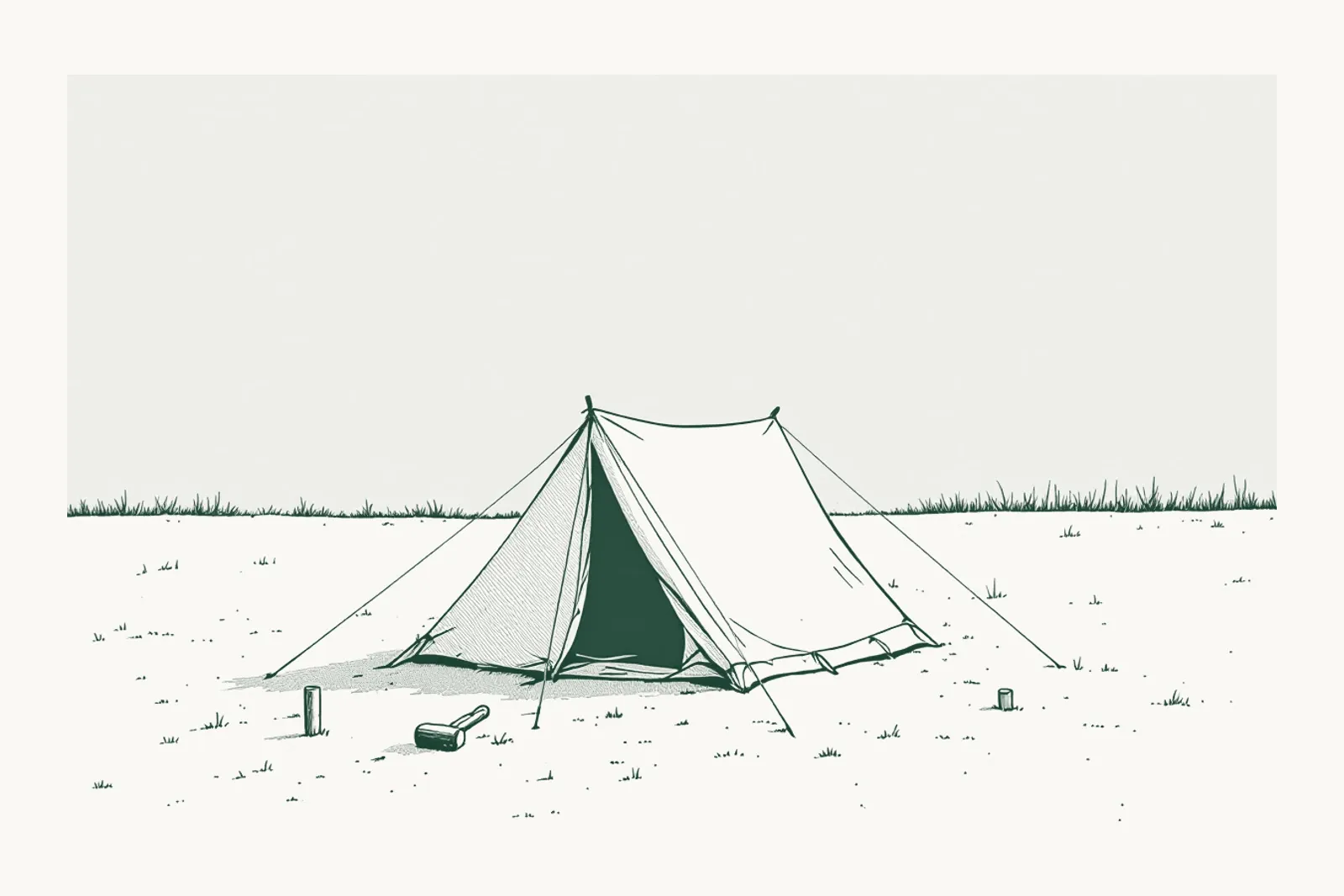 A low tent with every guy line taut and pegged, a mallet and two spare pegs on the ground.