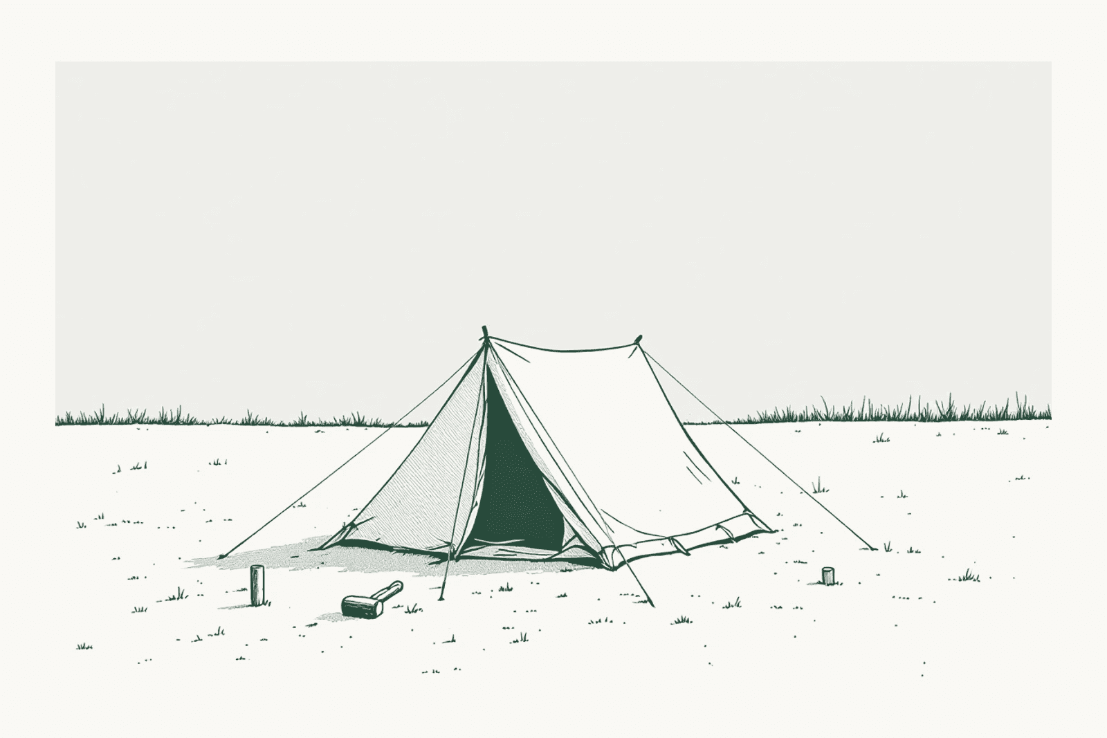 A low tent with every guy line taut and pegged, a mallet and two spare pegs on the ground.