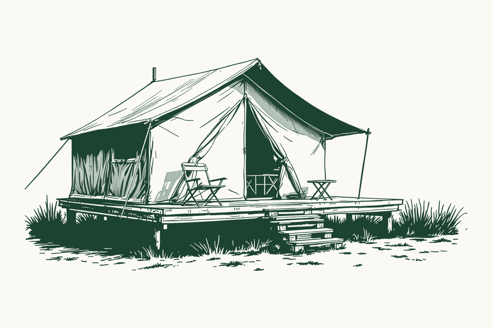 Une grande tente lodge sur une terrasse en bois, porte relevée, avec une chaise et une table dehors.