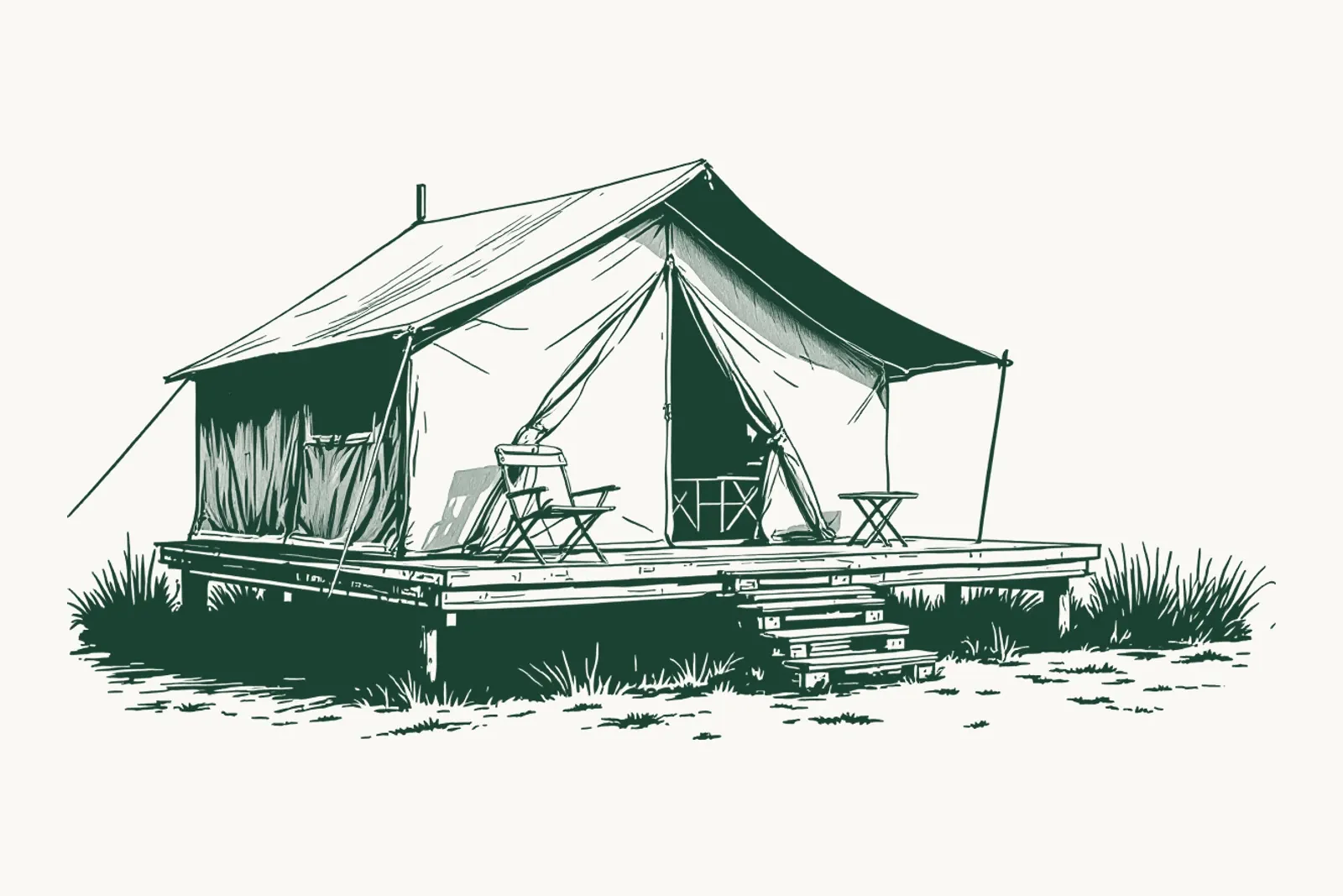 Une grande tente lodge sur une terrasse en bois, porte relevée, avec une chaise et une table dehors.